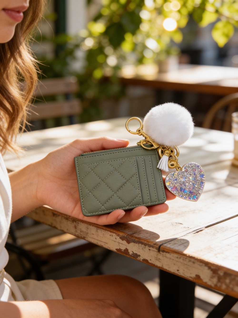 Green Quilted Card Holder Wallet w/ Pom Pom & Rhinestone Heart Keychain
